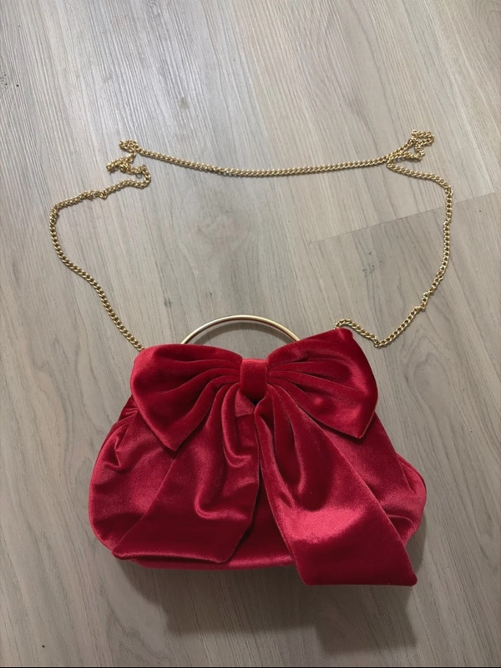 House of Harlow Red Velvet Bow Evening Bag with Gold Chain